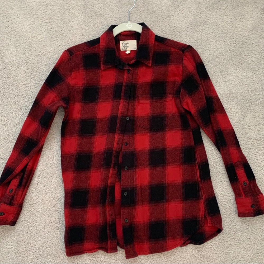 Red and black button flannel